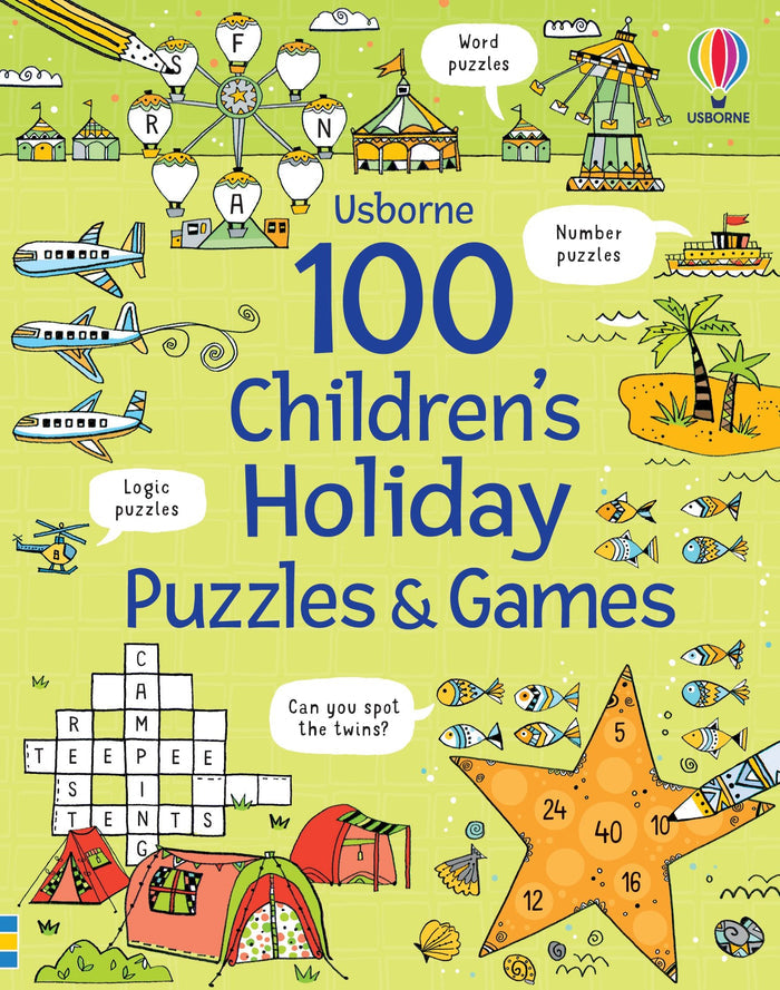 Bright yellow puzzle book cover featuring colorful illustrations of airplanes, tents, a Ferris wheel, and sea life.