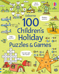 Bright yellow puzzle book cover featuring colorful illustrations of airplanes, tents, a Ferris wheel, and sea life.