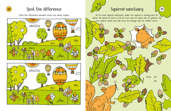 Colorful children's puzzle book pages featuring a spot the difference game and a squirrel-themed counting activity.