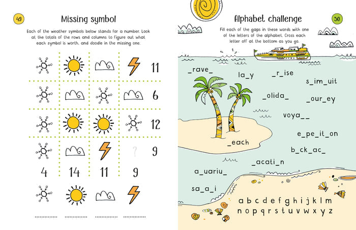 Activity book pages featuring a weather logic grid and a beach word puzzle with hand-drawn sun, palm tree, and boat icons.