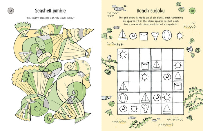 Open children's puzzle book with a seashell counting game and a beach-themed sudoku grid on yellow pages.