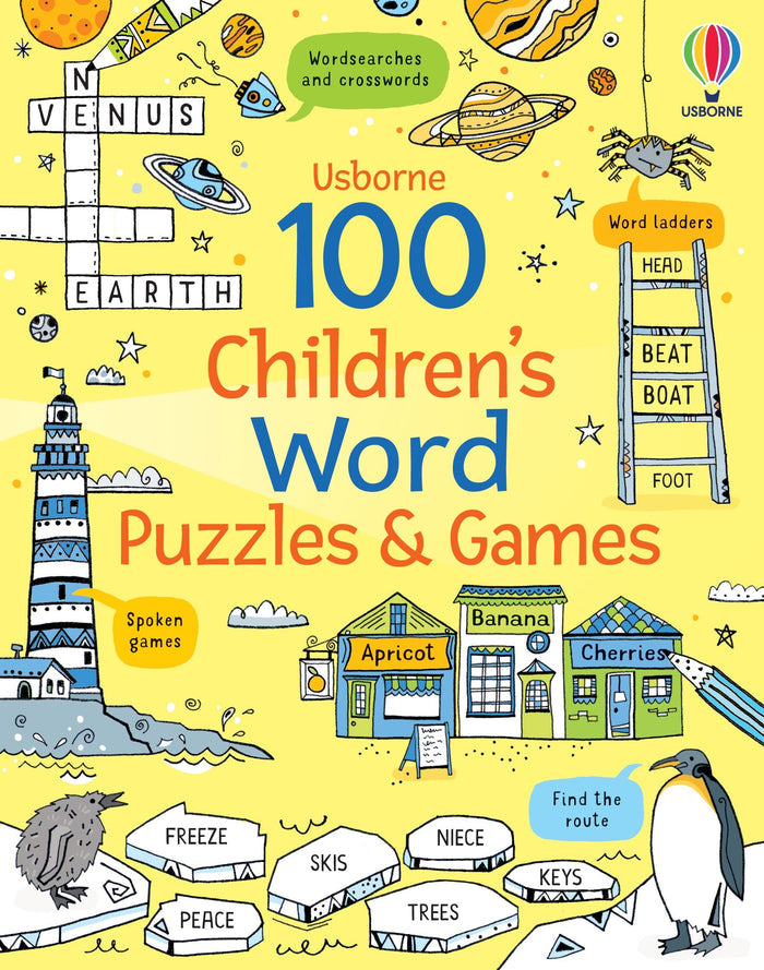 Illustrated yellow book cover featuring cartoons of space, houses, and sea life with word puzzle examples.