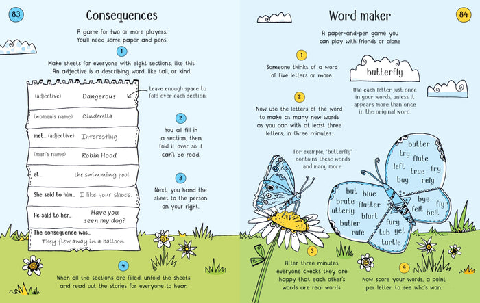Colorful children’s book pages featuring the games Consequences and Word maker with a blue butterfly illustration.