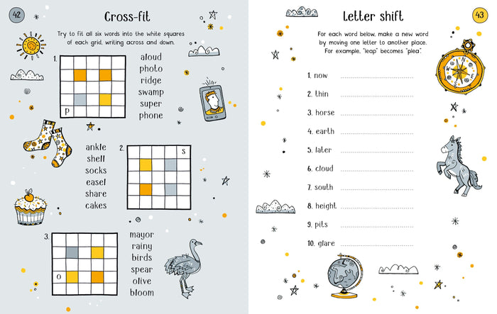 Two pages of a kids’ puzzle book with word grids, letter games, and whimsical hand-drawn sketches in yellow and orange.