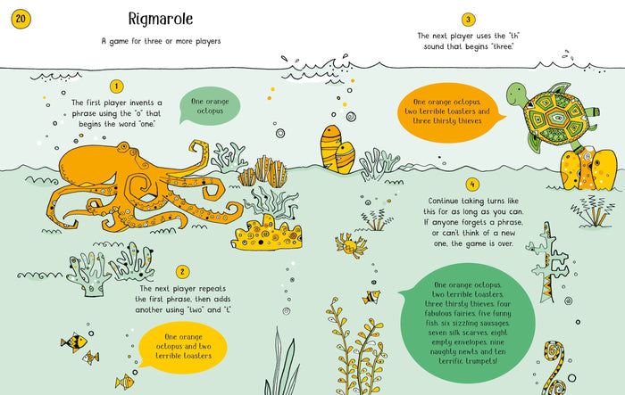 Illustrated underwater scene for a children's word game featuring an orange octopus, yellow fish, and a green turtle.