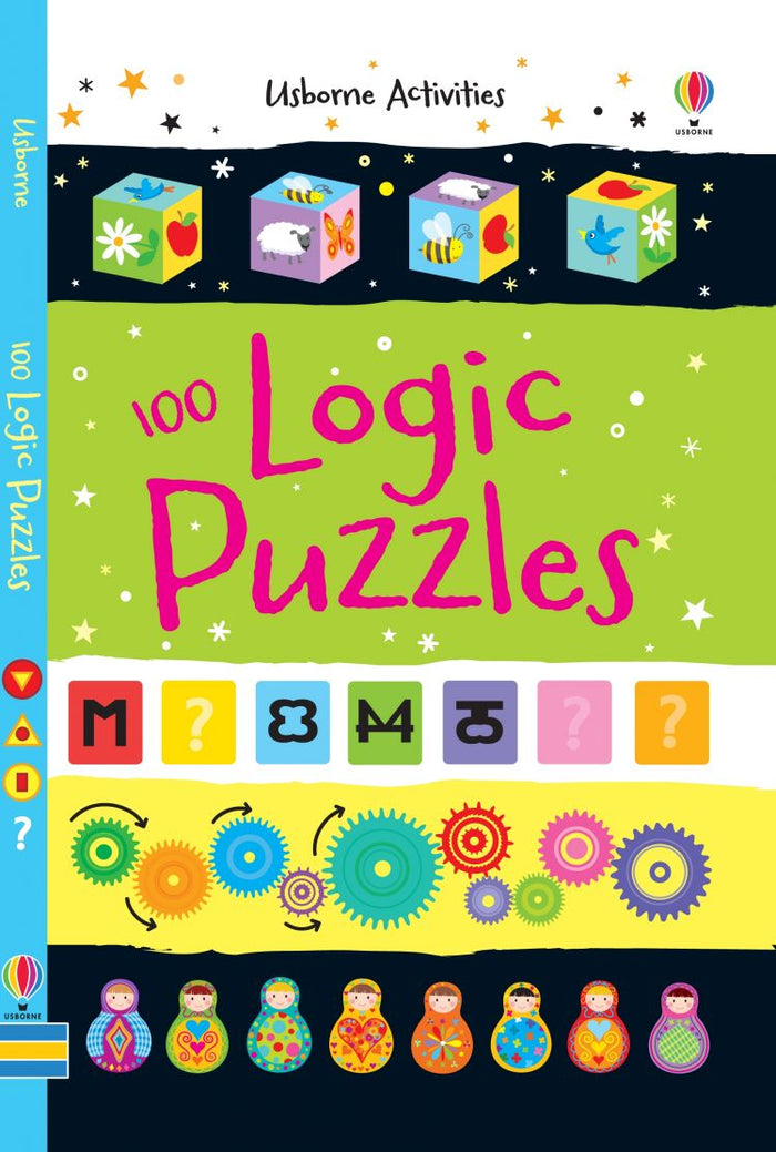 Bright green Usborne book cover for 100 Logic Puzzles with colorful blocks, symbols, gears, and nesting dolls.
