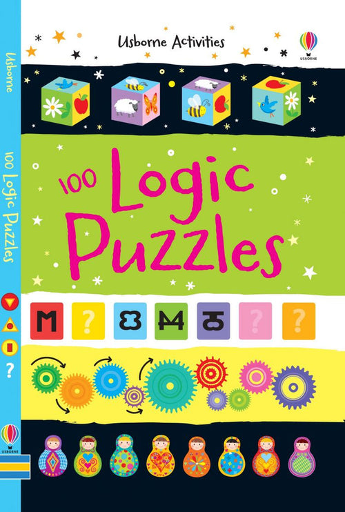 Bright green Usborne book cover for 100 Logic Puzzles with colorful blocks, symbols, gears, and nesting dolls.