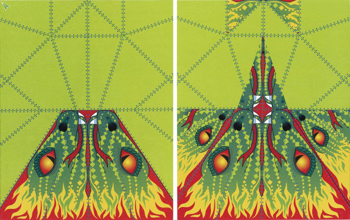 Two vibrant green paper plane patterns featuring fiery dragon eye designs and dotted folding guides.