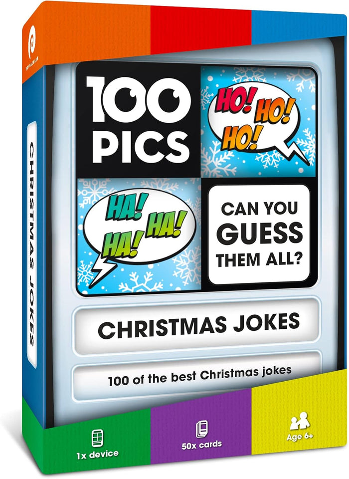 Colorful game box with speech bubbles, snowflake patterns, and icons for 50 cards and age six plus rating.