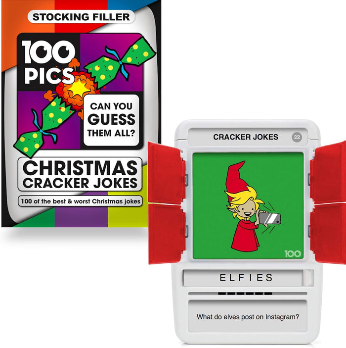 White handheld game with red shutters showing an elf riddle next to colorful Christmas Cracker Jokes packaging.