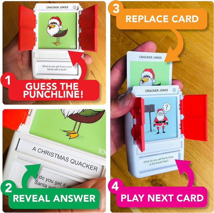 Four panels show how to play a handheld Christmas joke game with red doors, illustrated cards, and a reveal slider.