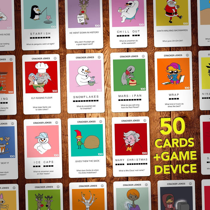 Grid of illustrated Christmas joke cards on a wood surface with a yellow 50 CARDS + GAME DEVICE graphic.
