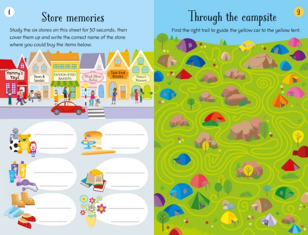 Vibrant pages from a children's activity book showing a shop memory game and a green campsite maze with colorful tents.