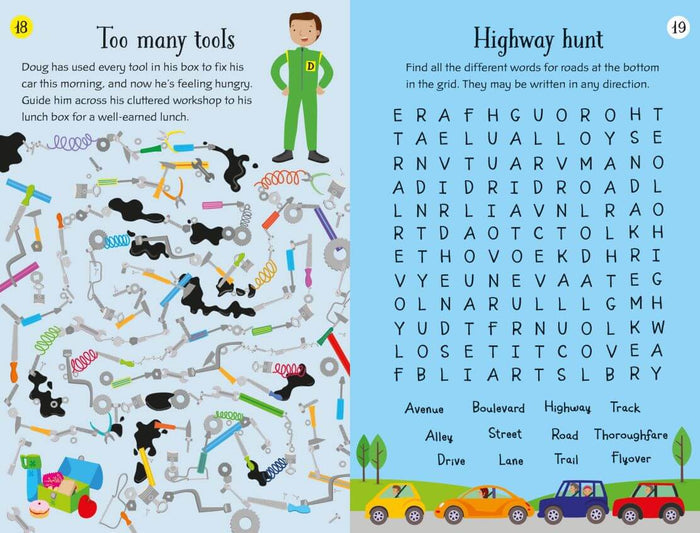 Two pages from a children's activity book featuring a tool maze and a highway word search with bright illustrations.