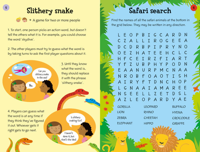 Colorful activity book pages featuring a word game with cartoon snakes and a safari animal word search.