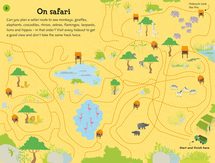 Colorful illustrated safari puzzle map with dotted paths, wild animals, and huts on a yellow background.