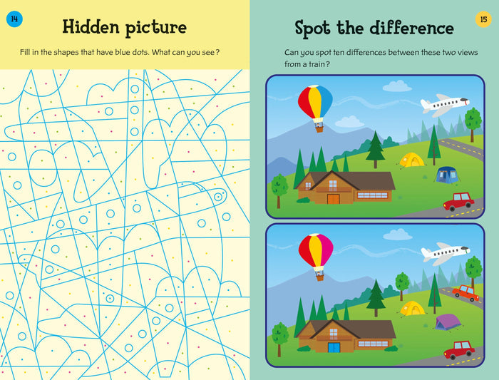 Activity book pages featuring a dot-based hidden picture puzzle and a mountain landscape spot the difference game.
