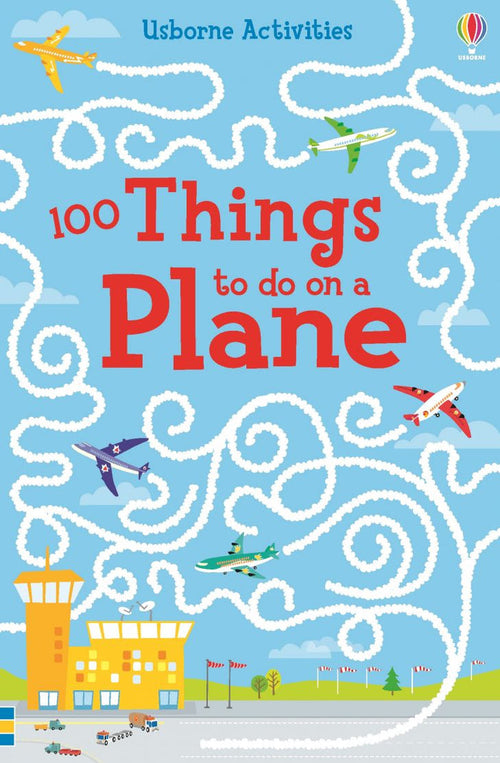 Blue book cover with red title text, colorful cartoon airplanes, and swirling white vapor trails against a bright sky.