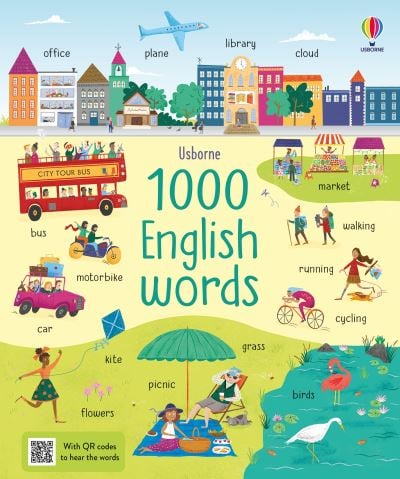 Colorful children's book cover with busy cartoon illustrations of a city and park, featuring labeled English words.