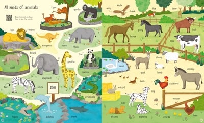 Vibrant children's book pages with labeled cartoon zoo animals on the left and farm animals on the right.