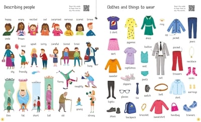 Illustrated vocabulary book pages showing labeled cartoons of people's emotions and various clothing items.