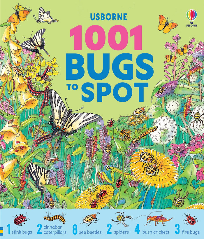 Busy children's book cover for 1001 Bugs to Spot featuring colorful hand-drawn insects in a vibrant flower garden.