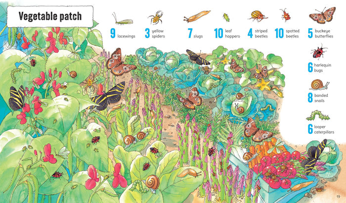 Detailed garden illustration with hidden insects to find and count, from a colorful children's search-and-find book.