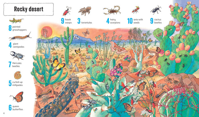 Colorful children's book spread showing a busy desert scene with cacti, insects, and a list of bugs to find and count.