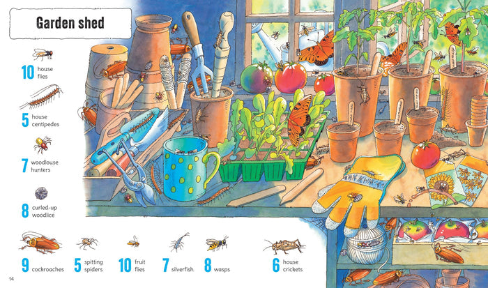 Vibrant seek-and-find book page showing a garden shed with hidden insects among flower pots, tools, and plants.