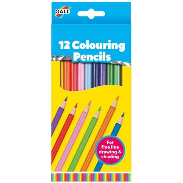 Galt pack of 12 colouring pencils in a blue and yellow box with various sharpened pencils shown on the front.
