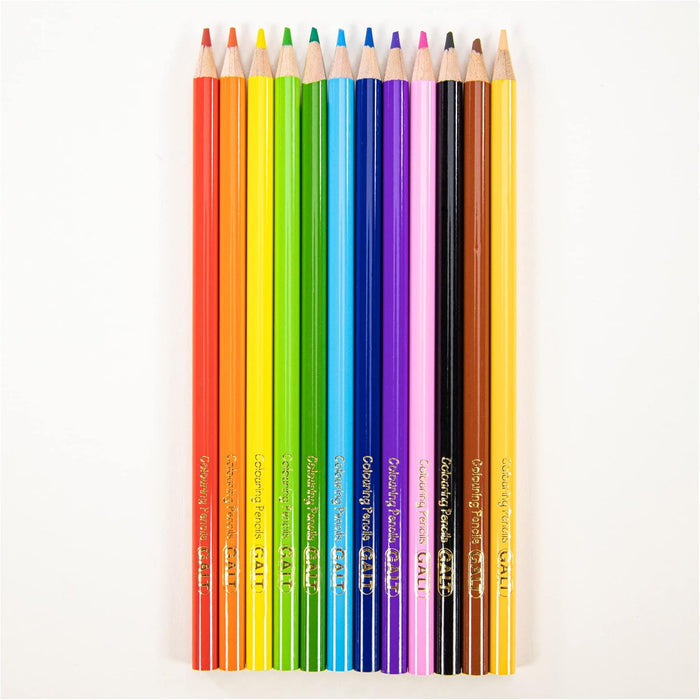Twelve sharpened pencils in rainbow order, lined up vertically on a white background with gold Galt branding.