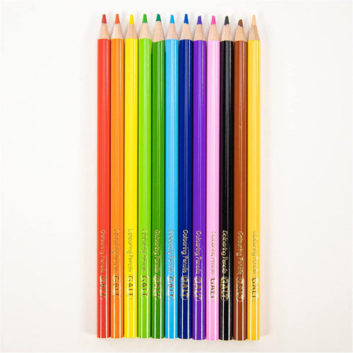 Twelve sharpened pencils in rainbow order, lined up vertically on a white background with gold Galt branding.