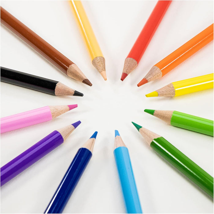 Twelve sharpened colored pencils arranged in a circle with tips pointing inward on a plain white background.