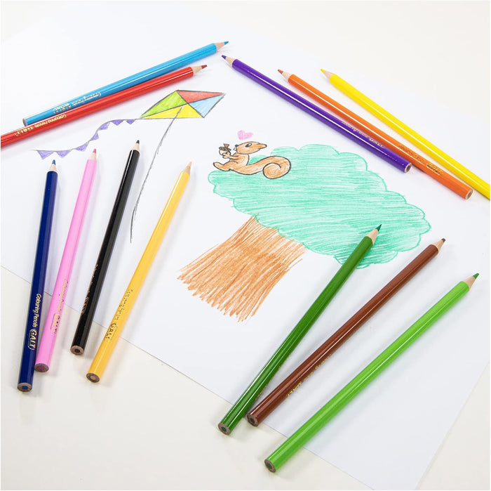 Twelve coloring pencils scattered around a hand-drawn picture of a squirrel on a tree and a colorful kite.