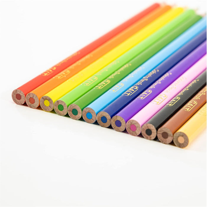Twelve round Galt colouring pencils in rainbow order, showing wooden ends and gold-embossed logos on a white background.