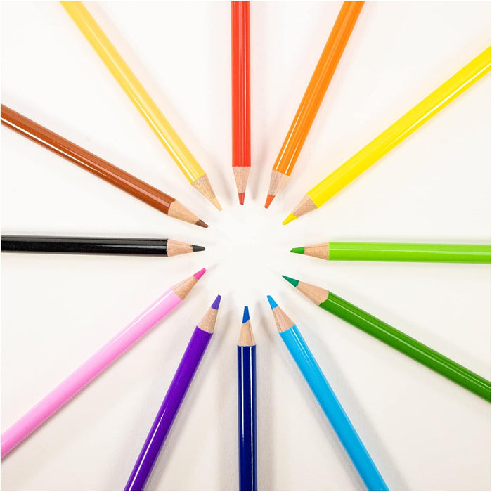 Twelve sharpened coloring pencils in various colors arranged in a circle with points facing the center.
