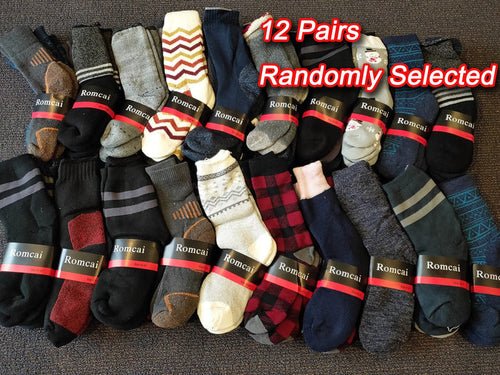 12 pairs of thick thermal socks from dealonline.co.nz, showcasing cozy, warm winter socks in a bulk sale set.