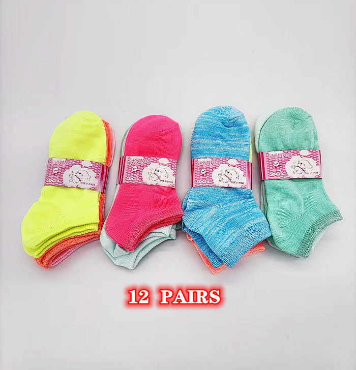 Set of 12 colorful kids' ankle socks in bright candy colors, designed for children aged 4 to 6, from dealonline.co.nz.