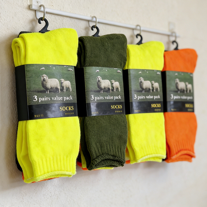 Set of 12 high visibility safety work socks by dealonline.nz, cushioned for comfort and durability in tough work environments.
