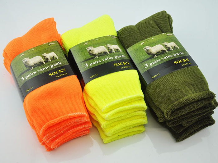 Pair of high visibility safety work socks with cushioning from dealonline.co.nz, designed for durability and comfort in work environments.