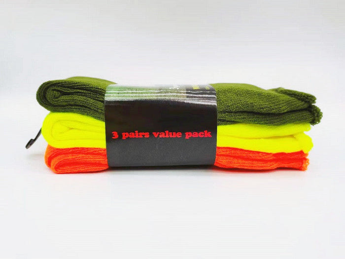 Pair of DealOnline.nz high visibility safety work socks with cushioning, shown in black and fluorescent colors for enhanced safety.