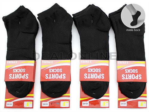Pair of black thin ankle socks from dealonline.co.nz, size M7-11/W9-13, displayed flat with ribbed cuffs and smooth fabric.