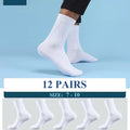 Set of 12 white men's business crew socks in size 7-10, ideal for dress and professional footwear.