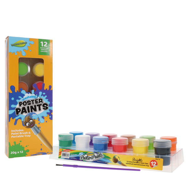 12 colorful poster paint tubs in a clear tray with a purple brush and bright orange illustrated packaging.