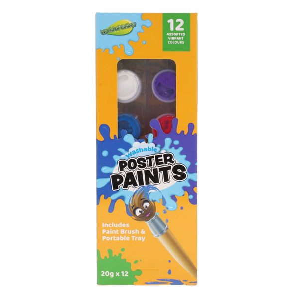 Yellow box of 12 poster paints featuring a blue splash, cartoon paintbrush, and a window showing colorful tubs.