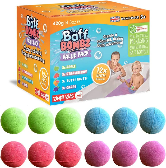 Colorful box of Baff Bombz value pack with 12 spherical bath bombs in green, blue, pink, and purple colors.