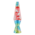 Lava lamp with red wax in clear liquid, featuring a blue and green tie-dye pattern on its base and matching top cap.