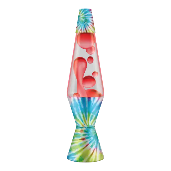 Lava lamp with red wax in clear liquid, featuring a blue and green tie-dye pattern on its base and matching top cap.