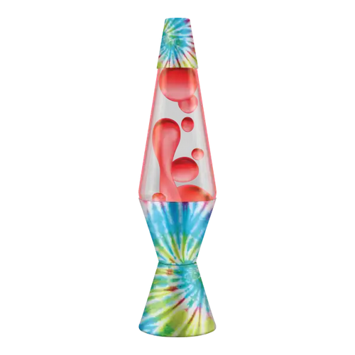 Lava lamp with red wax in clear liquid, featuring a blue and green tie-dye pattern on its base and matching top cap.