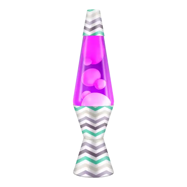 Lava lamp with teal and grey chevron base and cap, purple liquid, and pink wax bubbles.